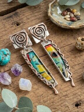 Artisan Spiral Drop Earrings Silver Copper Tone Resin Art Boho Statement 2.2"